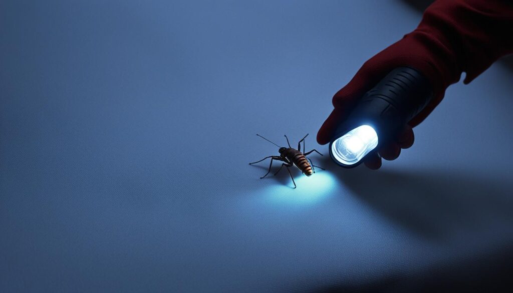 Using a flashlight to inspect for bed bugs